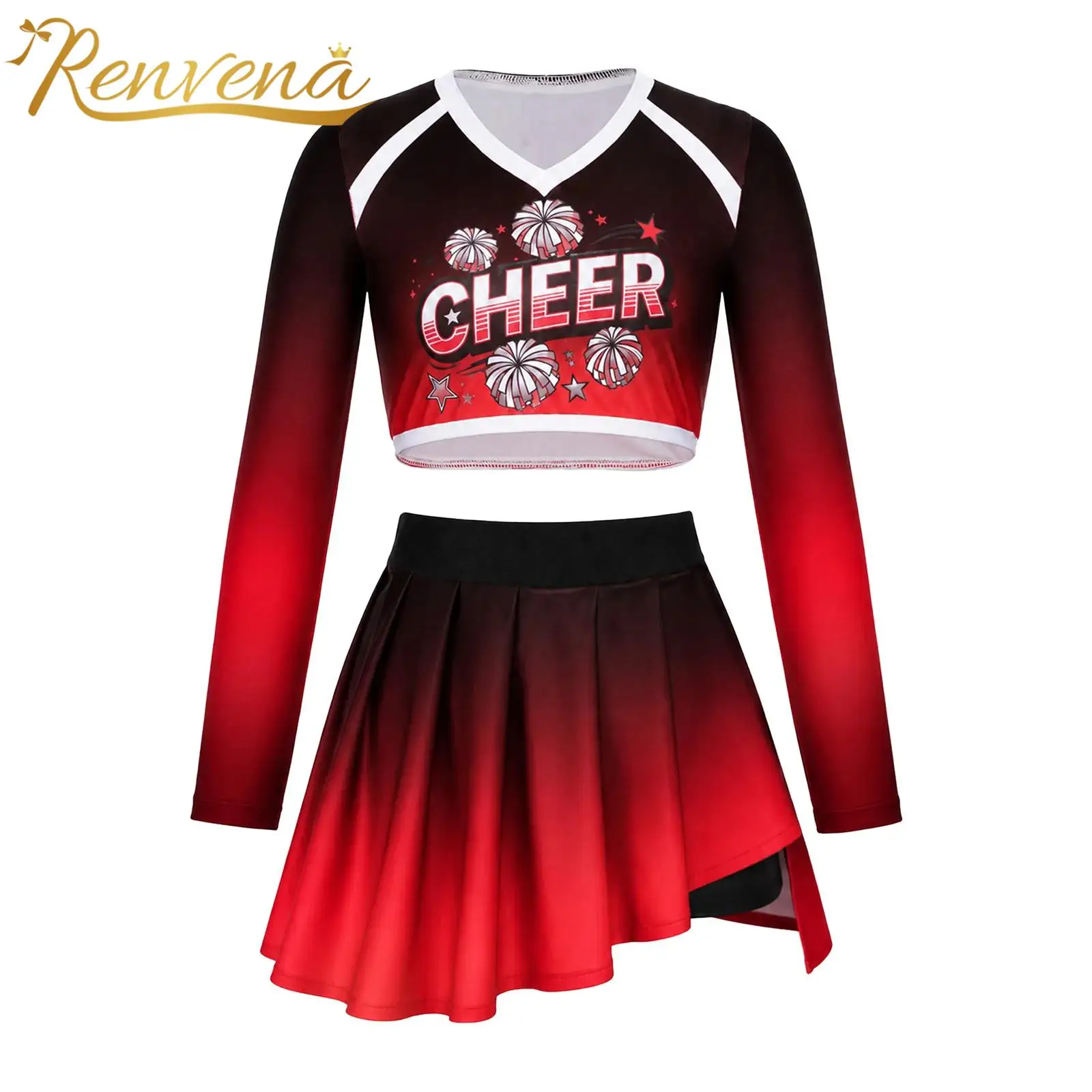 Kids Girls Cheerleading Uniform Gradient Cheer Dance Outfit Cheerlead Suits for Game Cheering Team Stage Performance Costume