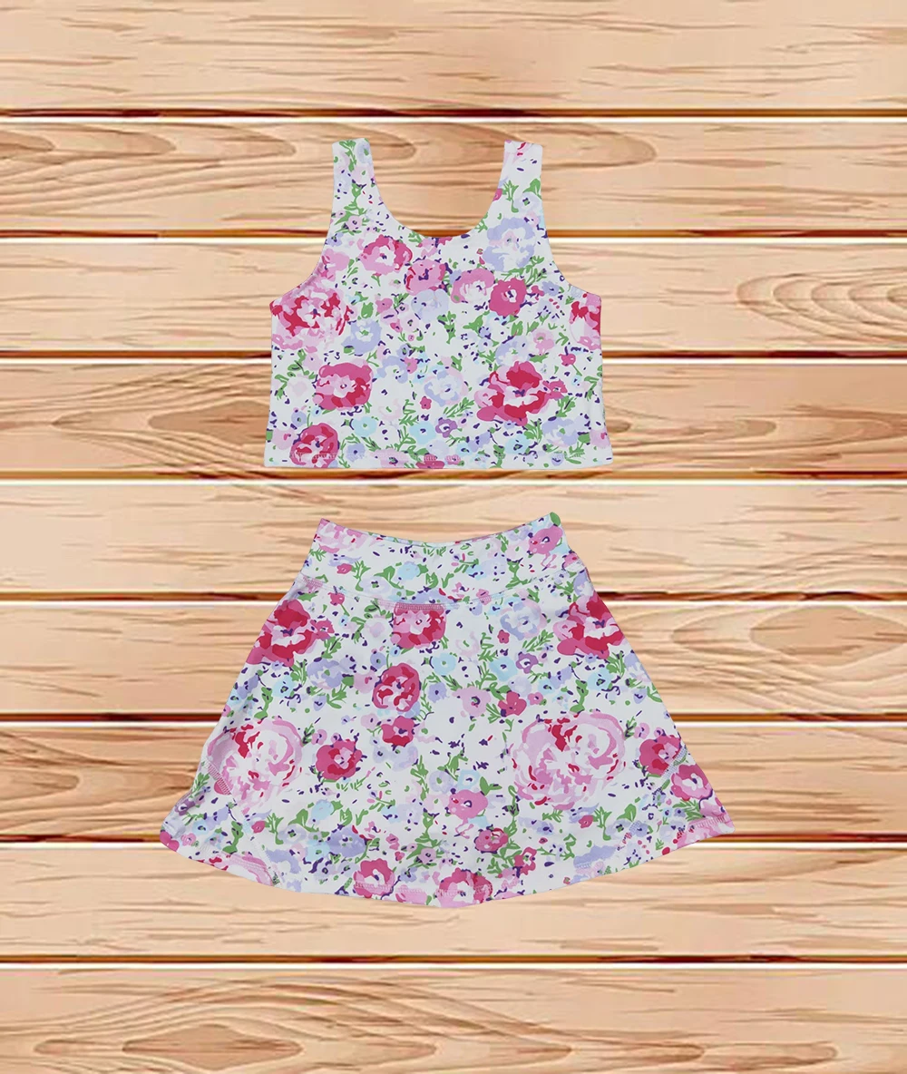 

4.3 Wholesale Western Boutique children clothing Baby Girls Pink Flowers Athletic Active Wear Top Shorts Skirts Clothes Sets