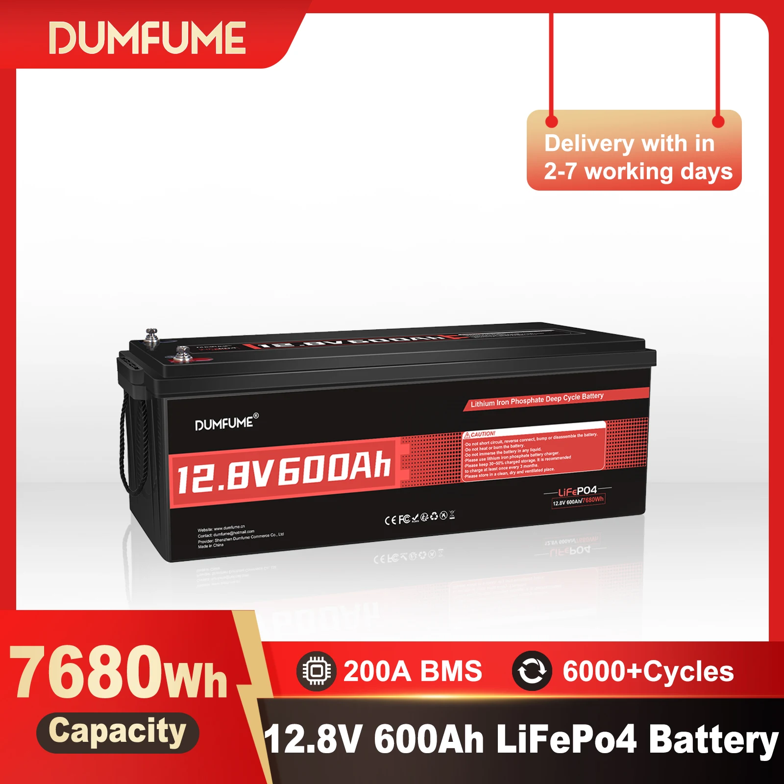 

Dumfume 12 В 600 Ач LiFePO4 литиевая батарея 200A BMS 7680 Втч защита от низких температур для солнечной домашней накопителя энергии для кемпинга