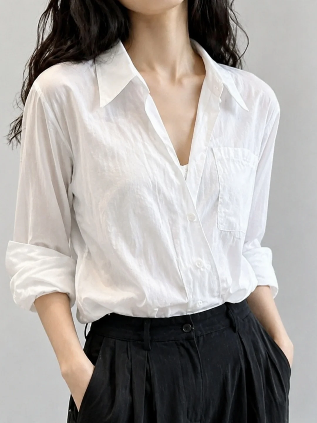 Elegant Minimalist Style Women's Shirt Summer Loose Fit Fashionable Soft Collar Long Sleeve Casual Top Elegant Pure Color