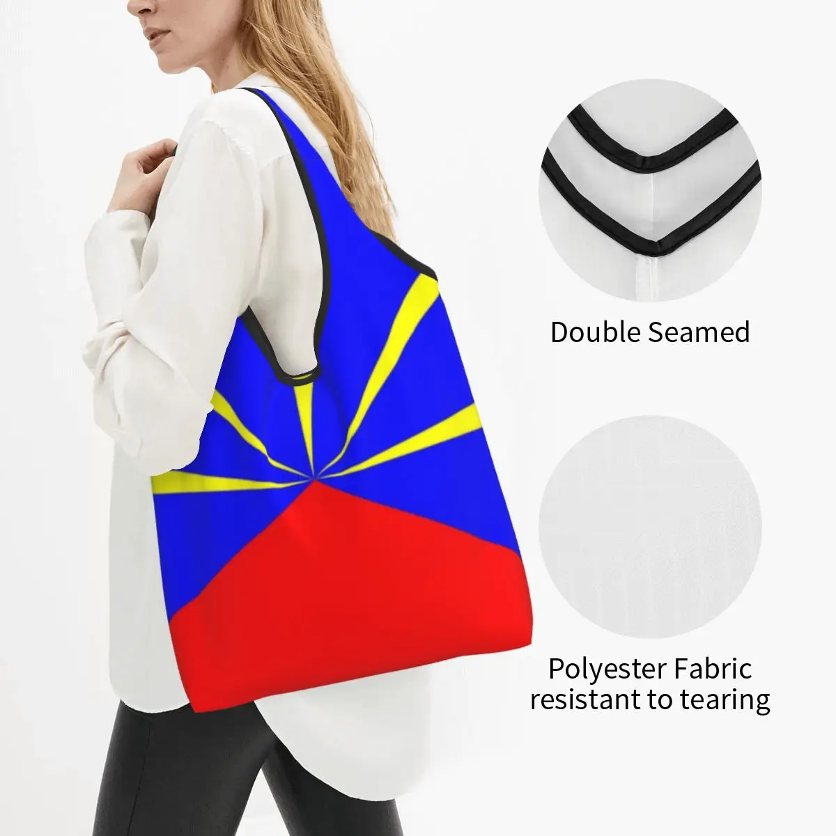 Custom 974 Reunion Island Flag Grocery Shopping Bags Shopper Shoulder Tote Bag Large Capacity Portable Reunionese Proud Handbag