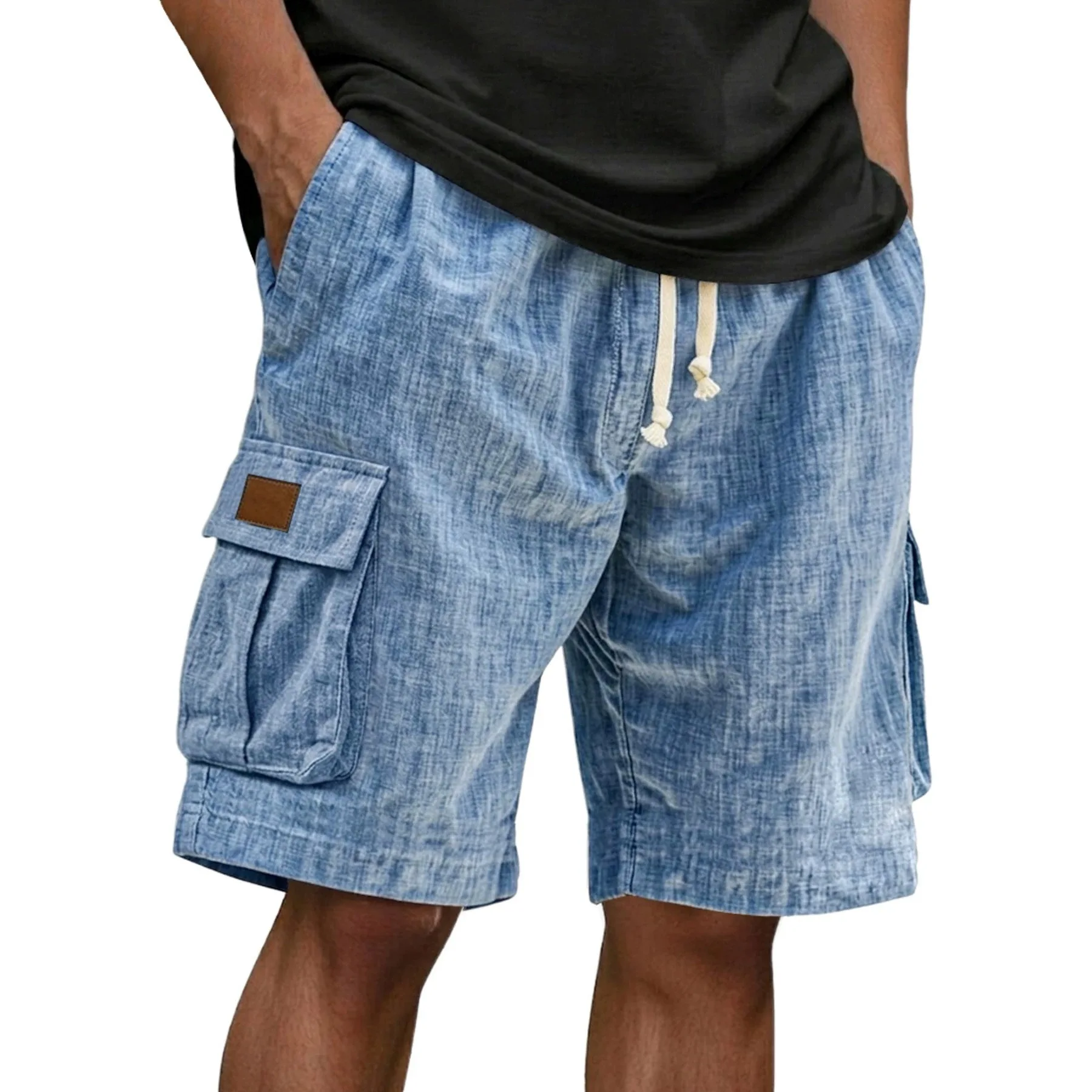2026 Men Washed Textured Cargo Shorts Drawstring Elastic Waist Multi Pocket Loose Fit Summer Beach Casual Outdoor Walking Shorts