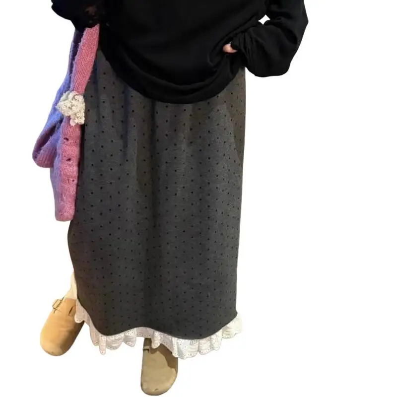 Gonna da donna Autunno e Inverno Gonna a pois in pizzo Donna 2025 Inverno Nuovo stile Gonna dritta in lana ispessita vintage in pile