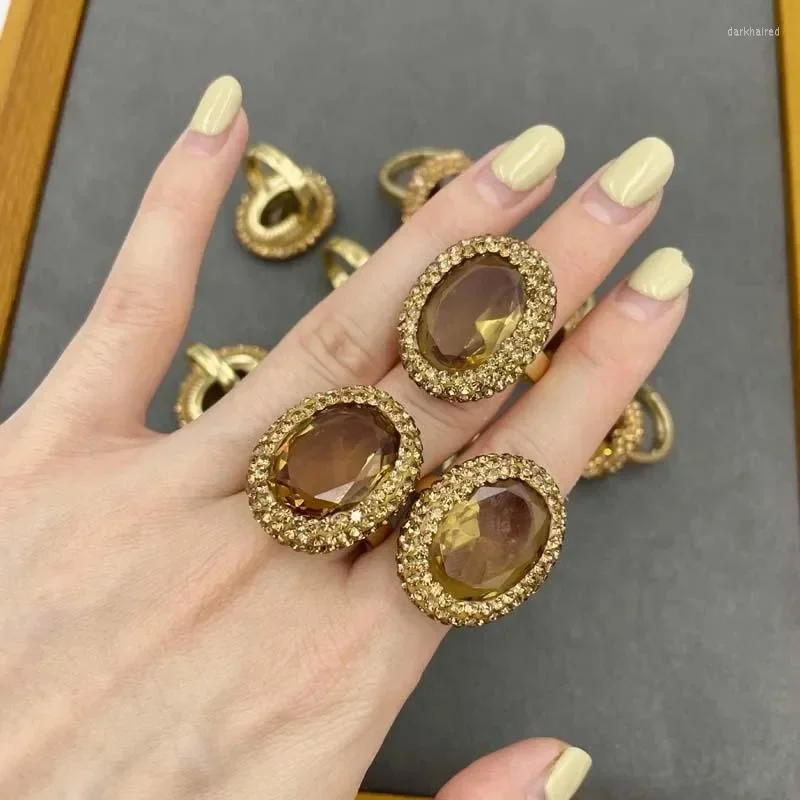 Oval Zultanite Crystal Rhinestone Index Finger Ring Jewelry for Women Diaspore Stone Color Change Sudan Quartz Golden Copper