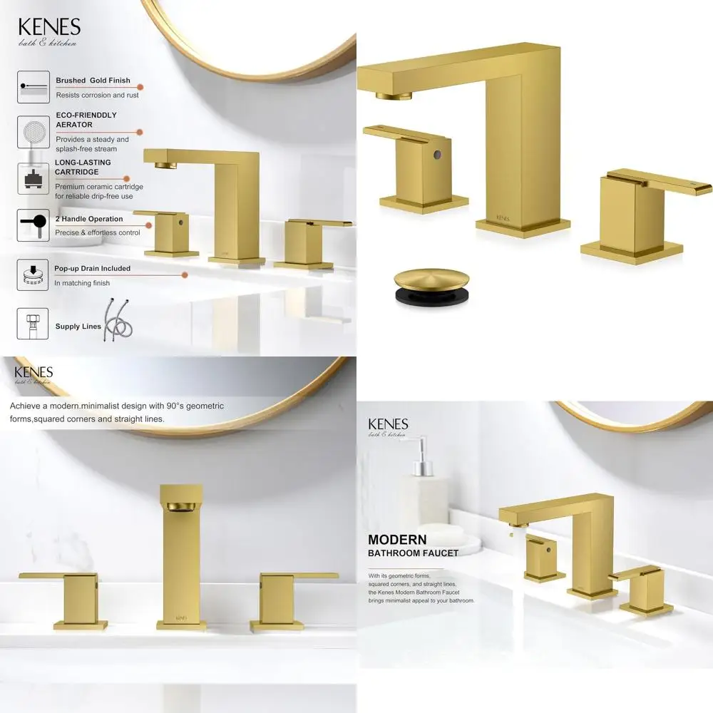 

3-Hole Brushed Gold Bathroom Sink Faucet with 8 Spout, 2 Handles, Pop-Up Drain, and Supply Lines, KE-9050-4-P