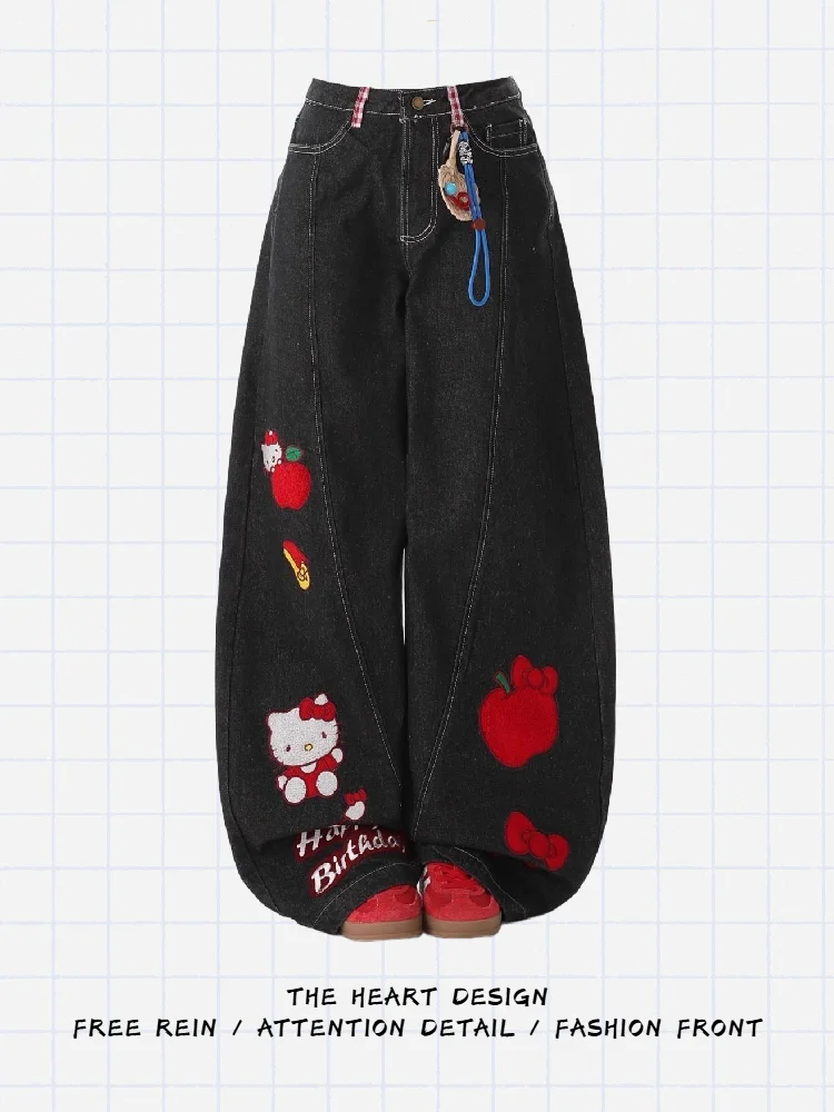 

Retro American Kit Embroidery Wide Leg Jeans Loose Slimming High Waist Straight Cut Casual Women's Denim Pants