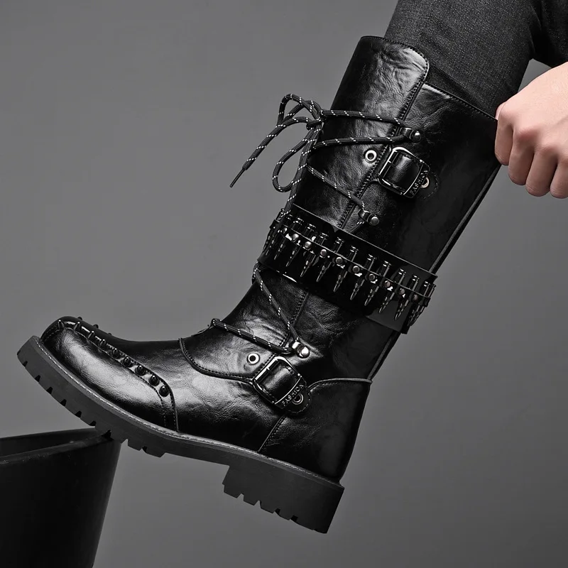 Men's High Top Wide Fit Round Toe Riding Boots Low Block Heel Side Zipper Comfortable British Motorcycle Boots Cowboy Boots