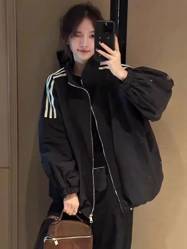 

Women's Thiened Cotton Baseball Jaet Winter 2025 Loose Fit Stand Collar Fce Lined Faionable Tee Stripe Coat