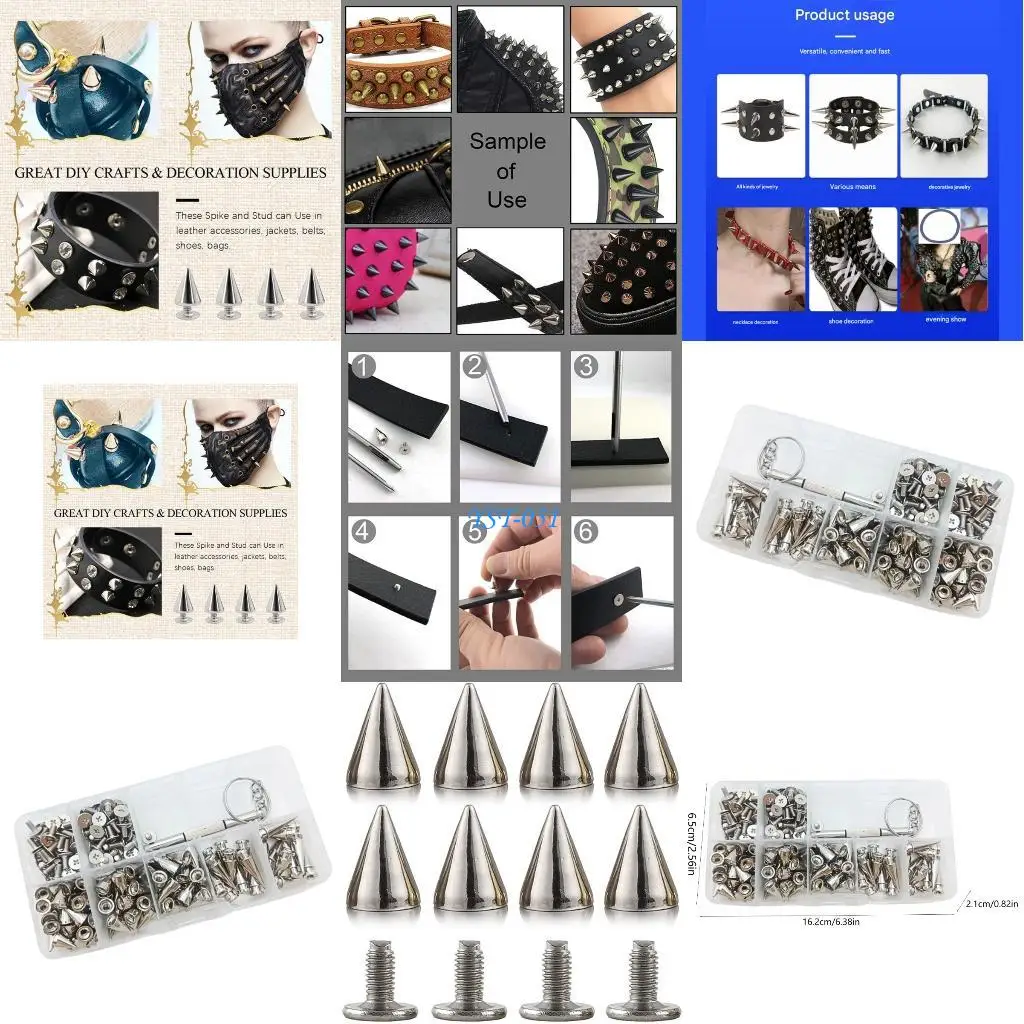

E15A 201Pcs Metal Screwback Cone Studs Spikes Studs Punk Bag Belt Shoes Clothes