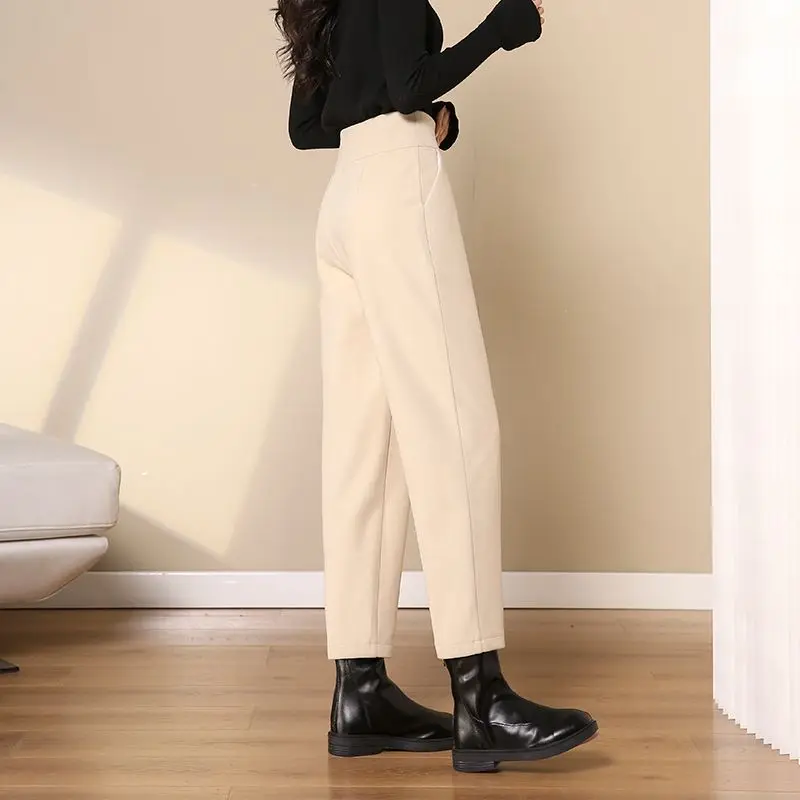 Autumn and Winter Women\'s Solid Colors Slim Button Chic Halun Pants High Waist Woolen Appear Thin Fashion Commuter Trousers