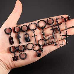 Vintage & Edgy 15-Piece Menâs Stainless Earrings Set - Gun Black-Plated with Cross & Skull Pendants, Hypoallergenic