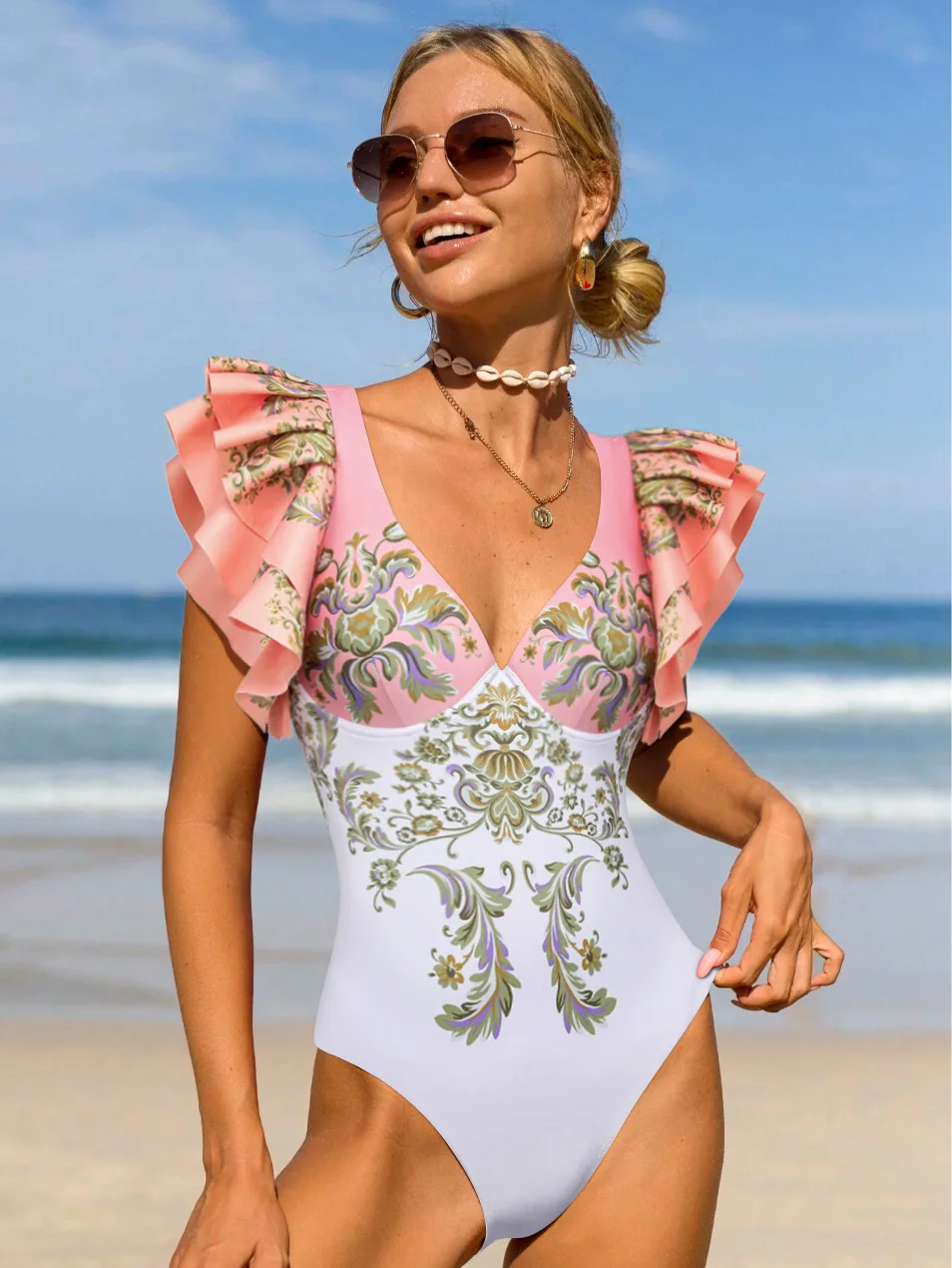 

Женский купальник с V-образным вырезом и рюшами, комплект из двух предметов, летний боди, бикини, пляжный стиль, макси-платье, юбка, повседневный летний наряд