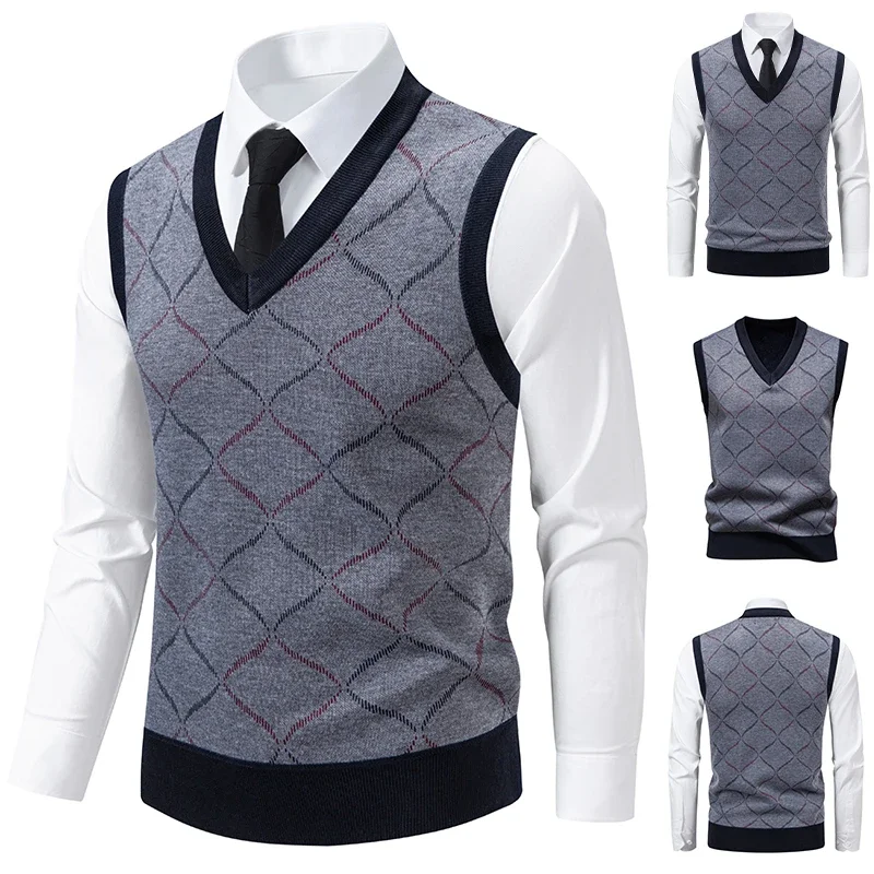 Men's 2026 V-neck Knitted Sweater Warm Autumn Winter Diamond Grid Twisted Flower Casual Fashion Versatile Knit Top