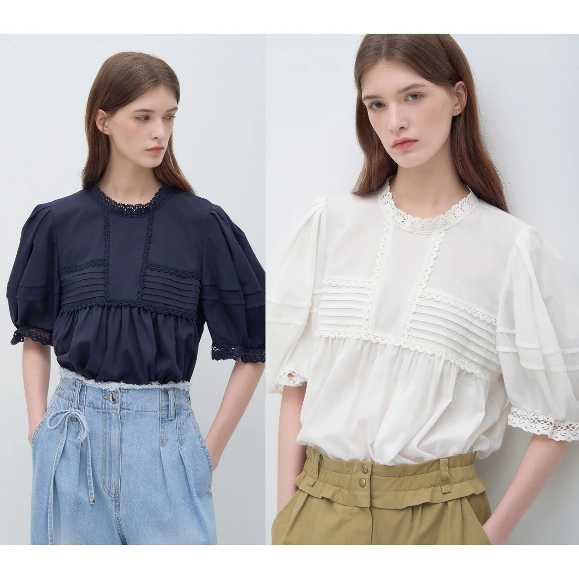 

Slimming Lace Patchwork A-Line Shirt Commute Folded Women's Regular Length Bubble Sleeve round Neck Button Detail Blouse