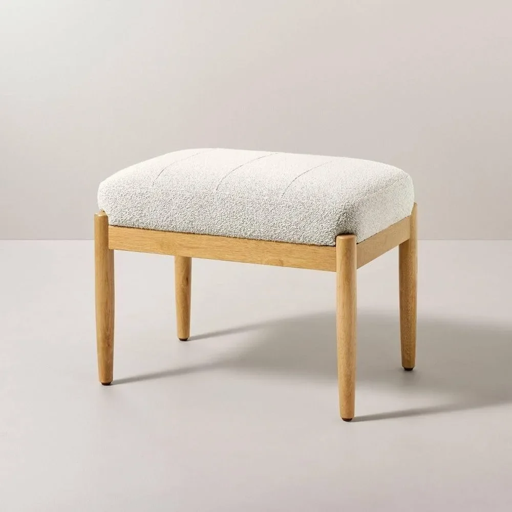 

Mid-Century Modern Upholstered Footstool Ottoman – Stylish Beige Design, Durable Wooden Legs