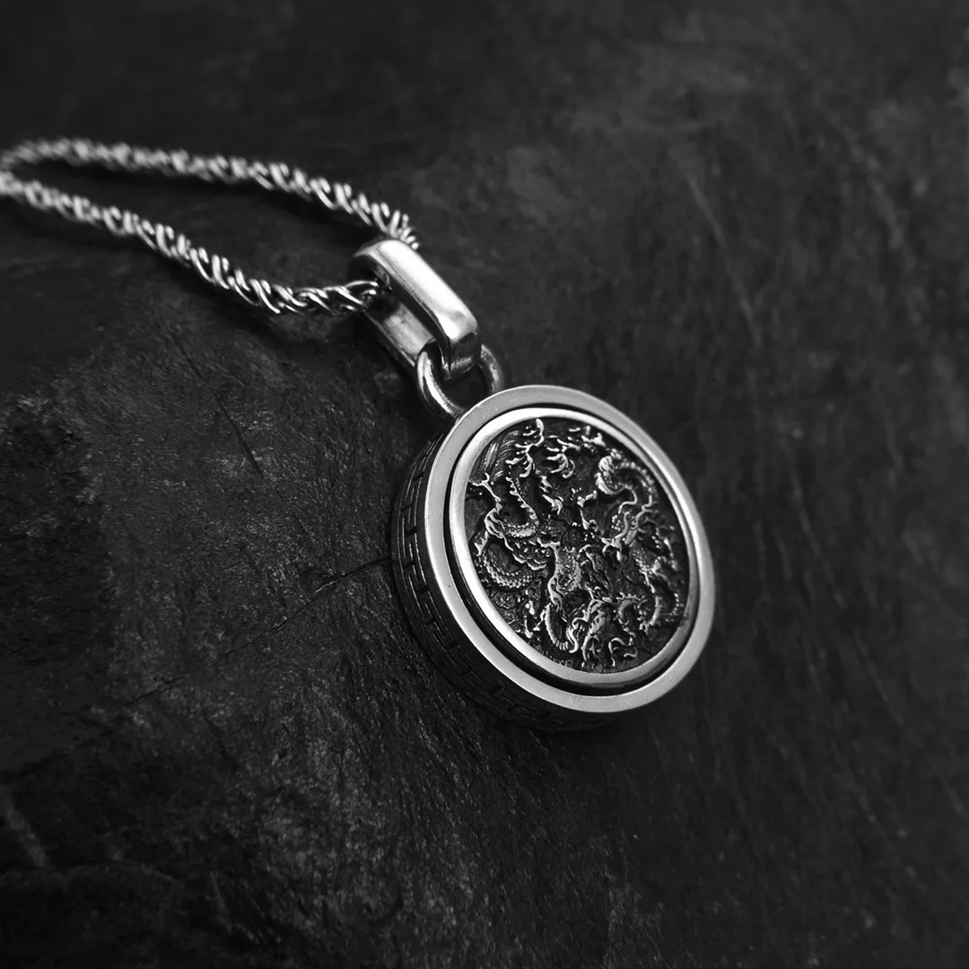 Sterling Silver  Dragon rotating necklace men's and women's ancient ethnic style niche design pendant men's hip hop cool pendant
