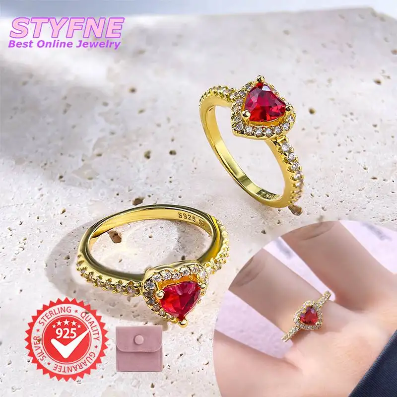 Women 925 Sterling Silver Red Ocean Heart Zircon Promise Rings Jewelry Anniversary Birthday Fashion Gifts for Mother Wife Girls