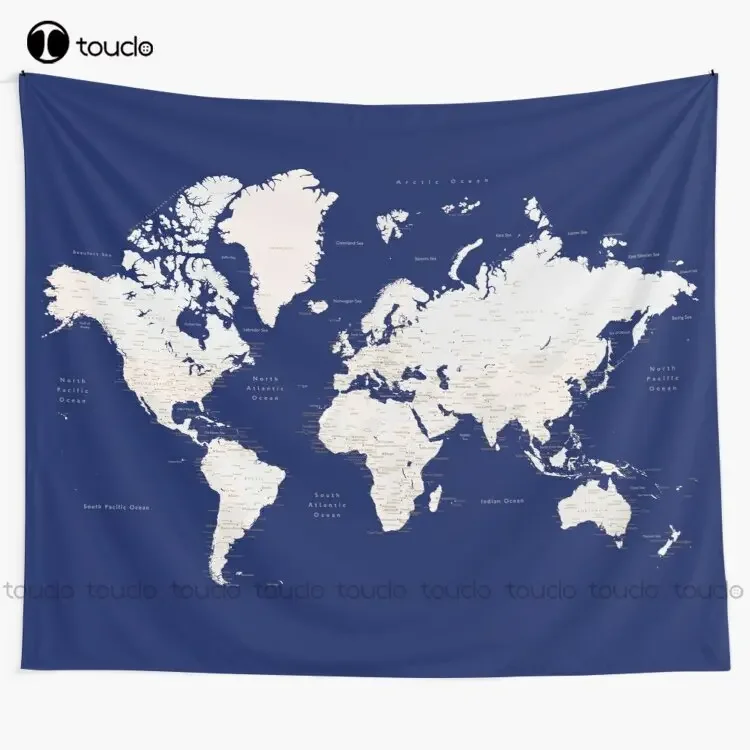 

Navy Blue And Light Brown Detailed World Map "Gavin" Tapestry Real Tapestry Blanket Tapestry Bedroom Bedspread Decoration