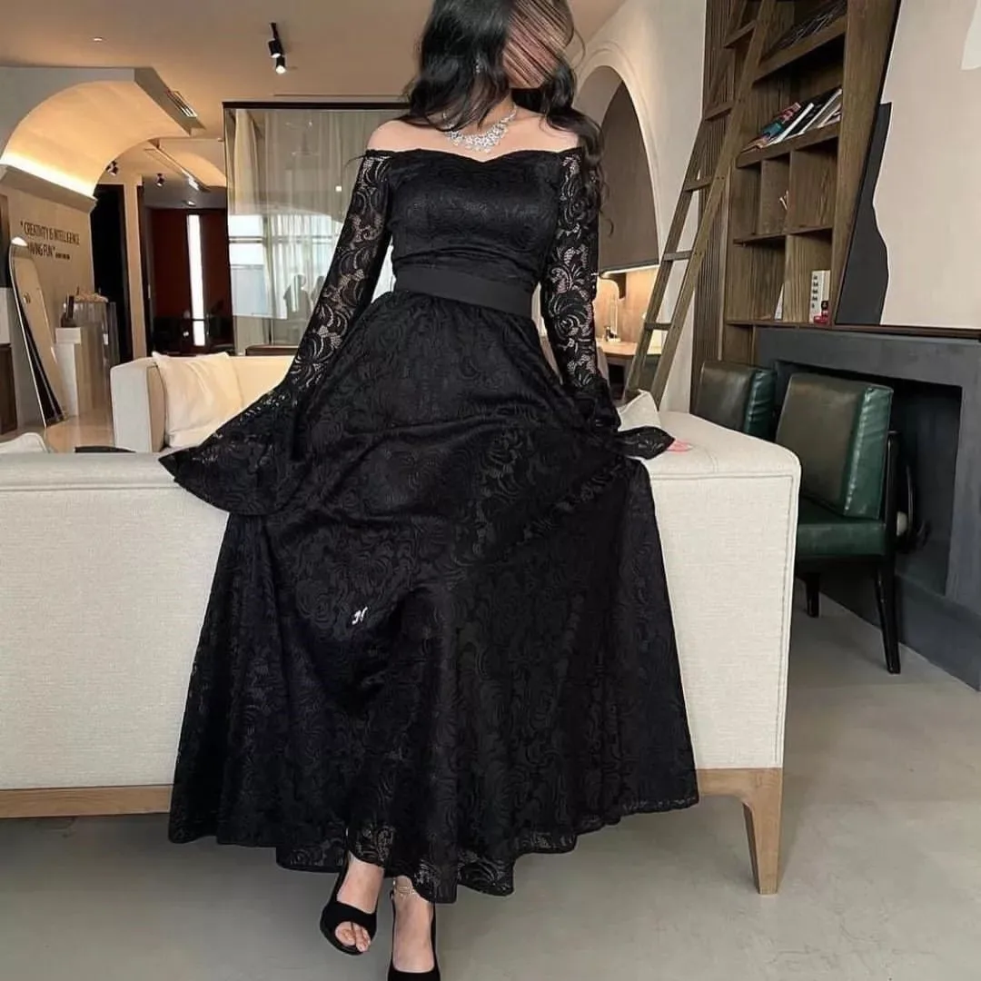 

Fashionvane Full Black Lace Prom Dresses Long Sleeves Sash Evening Party Formal Gowns A Line Wedding Bride Dress