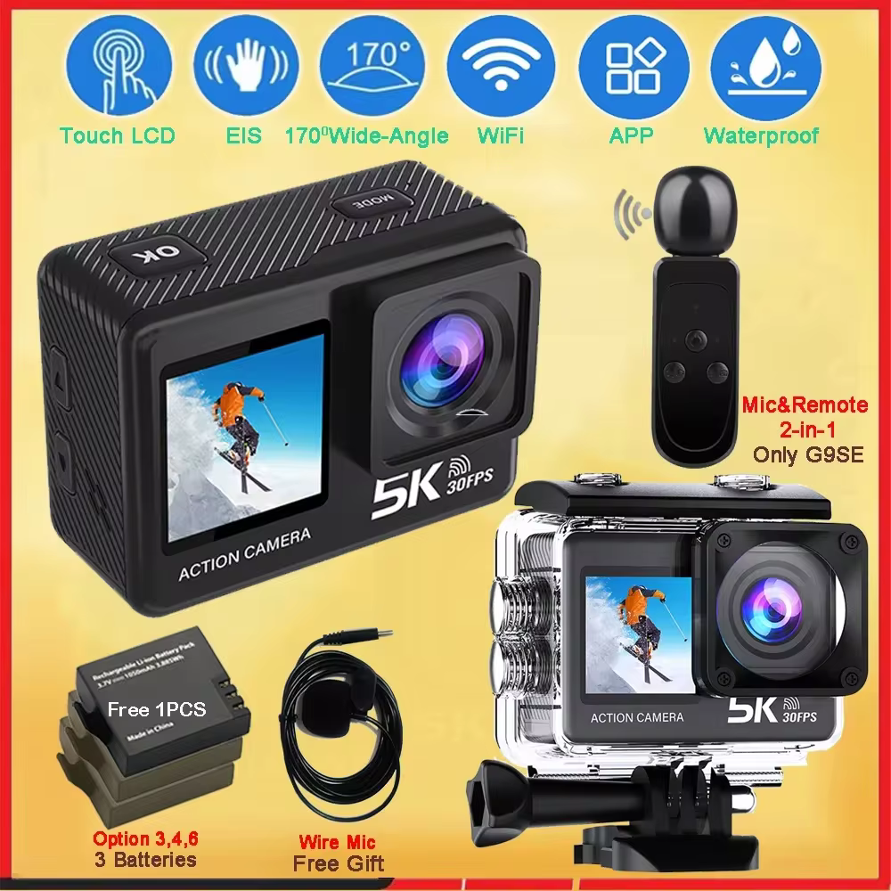 Экшн-камера G9SE 5K 30fps 60fps 50MP 2.0 Сенсорный ЖК-дисплей EIS DVR Веб-камера Предварительная запись Wi-Fi Водонепроницаемость 170D 30M 5-кратный зум Спортивная камера