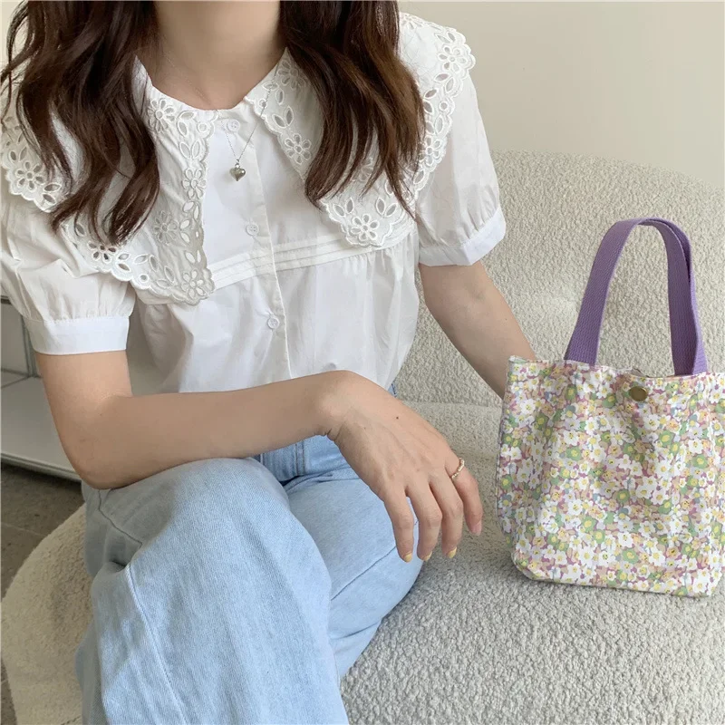 Casual Women Portable Lunch Bento Bag Retro Flower Ladies Small Handbags Cotton Cloth Female Shopper Clutch Purse Shoulder Bags