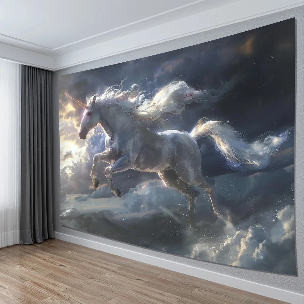 Premium Unicorn Pegasus Tapestry Wall Hanging Art Fantasy Mythical Horse Print Decor for Living Room Bedroom Hallway