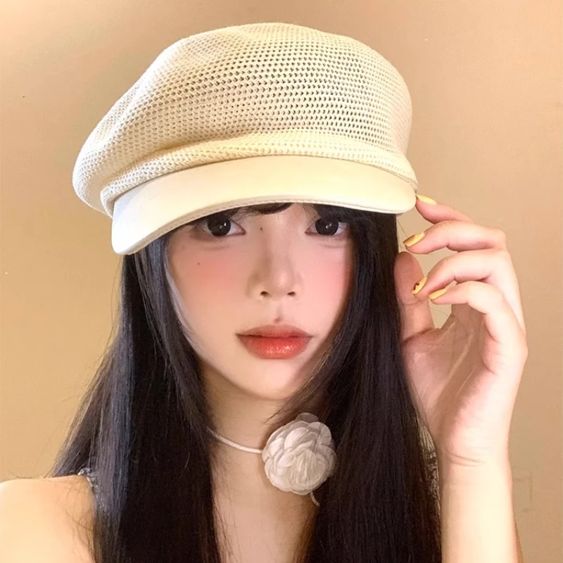 

Korean Retro Hollow Knitted Berets Cap for Women Summer Autumn Thin Breathable Versatile Show Face Small Literary Newsboy Hat