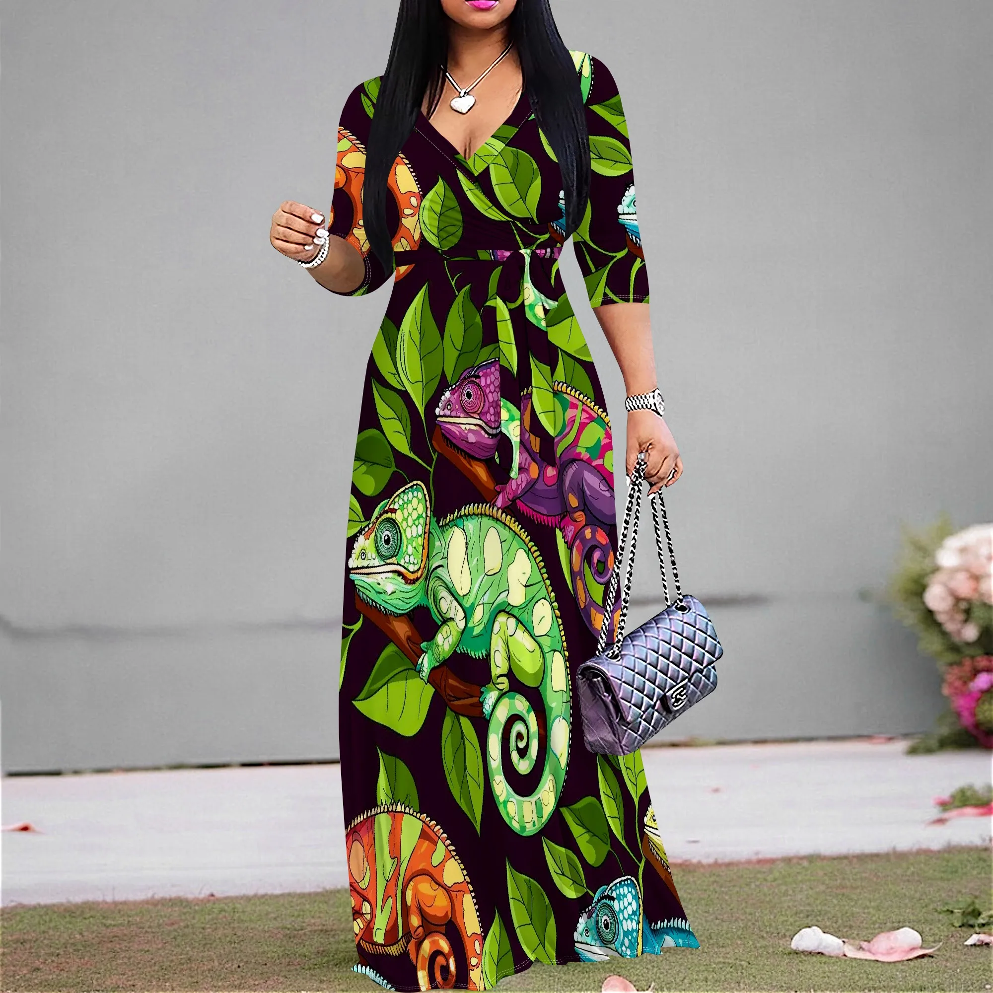 

Chameleon Tropical Print Women's V-Neck Wrap Maxi Dress 3/4 Sleeve Belted Exotic Vacation Resort Wear XS-3XL