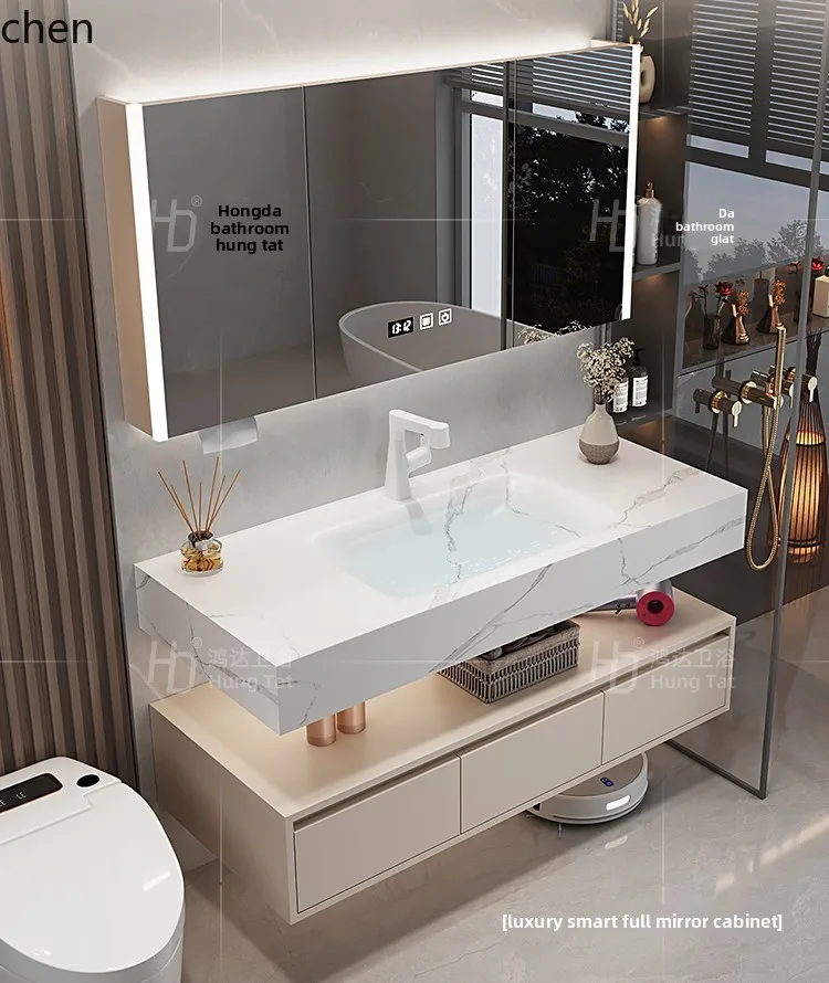 

FF bathroom cabinet rock slab seamless integrated basin washstand hand and face basin cabinet combination