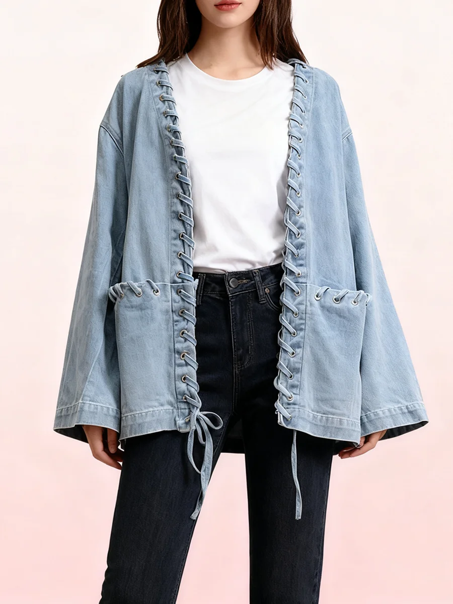 VGH Solid Spliced Pockets Loose Coats for Women V Neck Long Sleeve Patchwork Drawstring Design Sense Coat Female Fashion Style