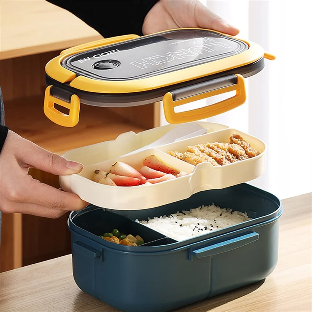 Lonchera de 1200 ml de Doble Capa con 2x3 Compartimentos, Lonchera con Juego de Cubiertos Extraíbles, Contenedor de Alimentos para Estudiantes y Trabajadores