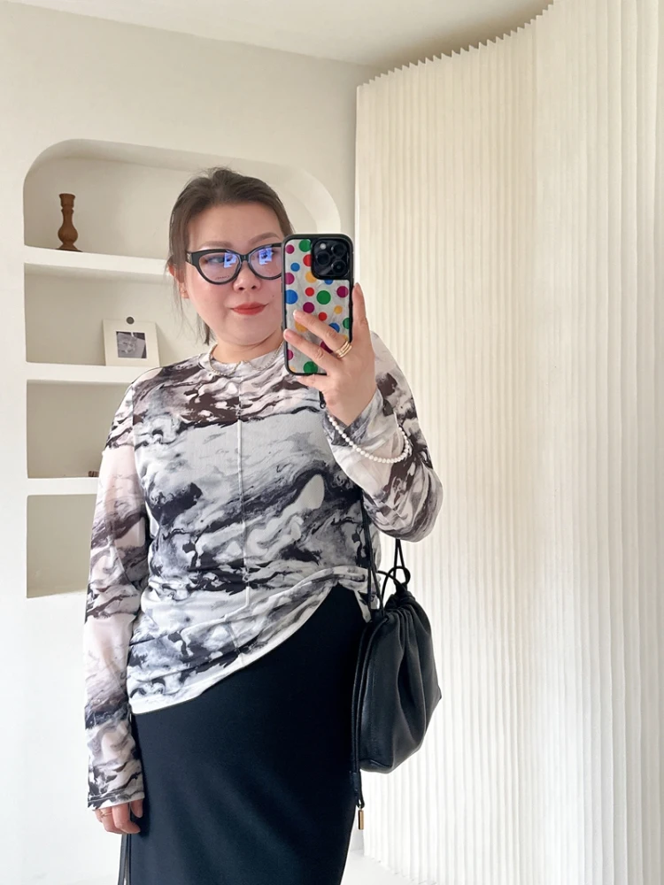 

Rose Sister plus Size Women's Spring Summer mat Ink Dyeing Me Long Sve High Elastici Base irt 45433B