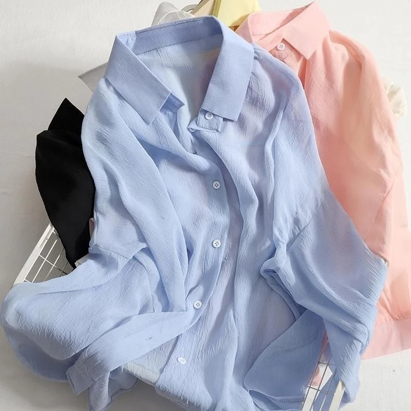 

Летние солнцезащитные рубашки женские тонкие дышащие стильные однотонные повседневные мешковатые рубашки в корейском стиле солнцезащитные женские блузки с длинными рукавами мягкие