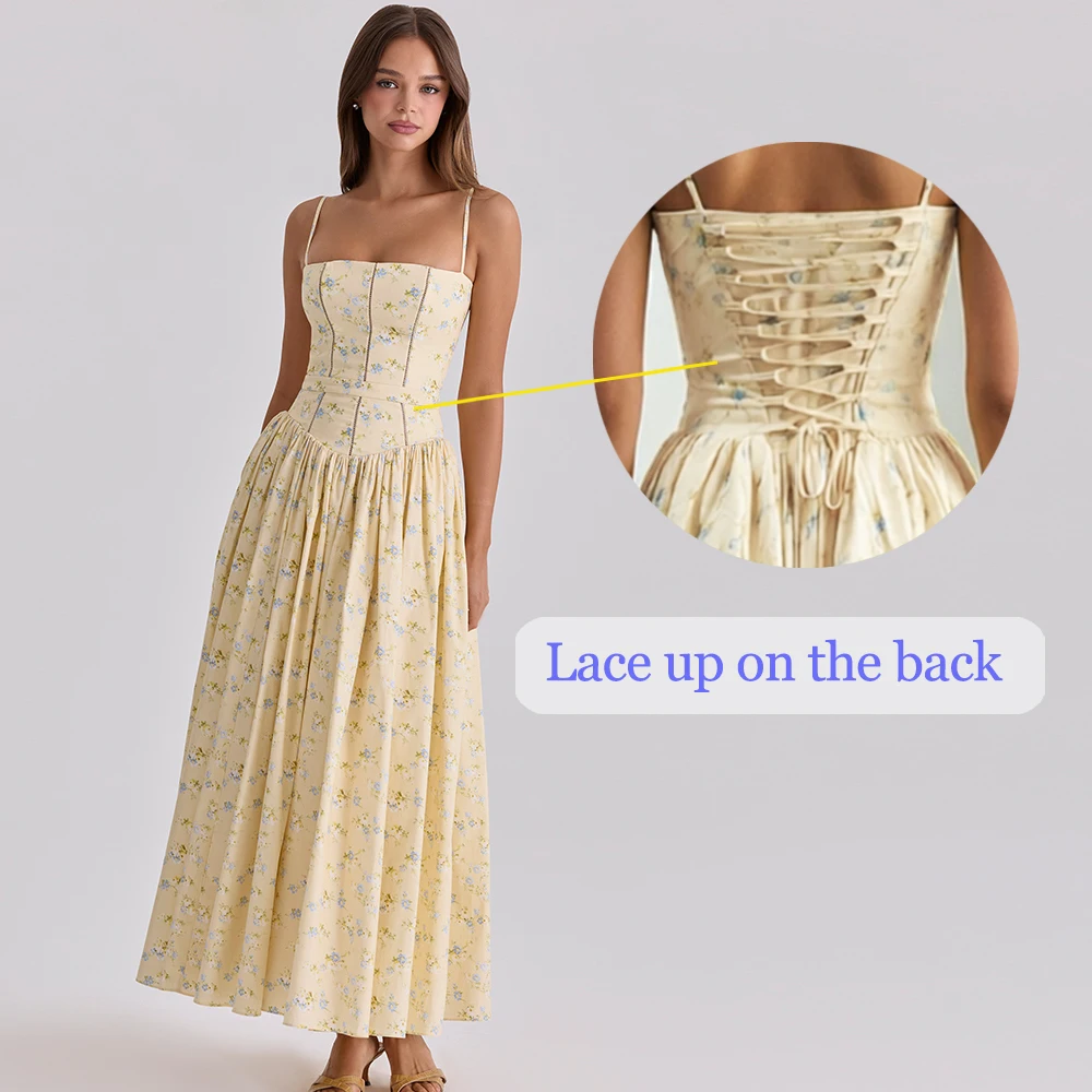 Oligai Summer Floral Print Spaghetti Strap Midi Dress Women Party Dress Elegant Vintage Holiday Beach Wear Dress image 3