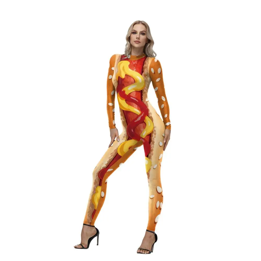 Funny Hot Dog Costume Sausage Print Bodysuit for Women Long Sleeve Full Body Suit Halloween Carnival Food Themed Party Outfit view 4