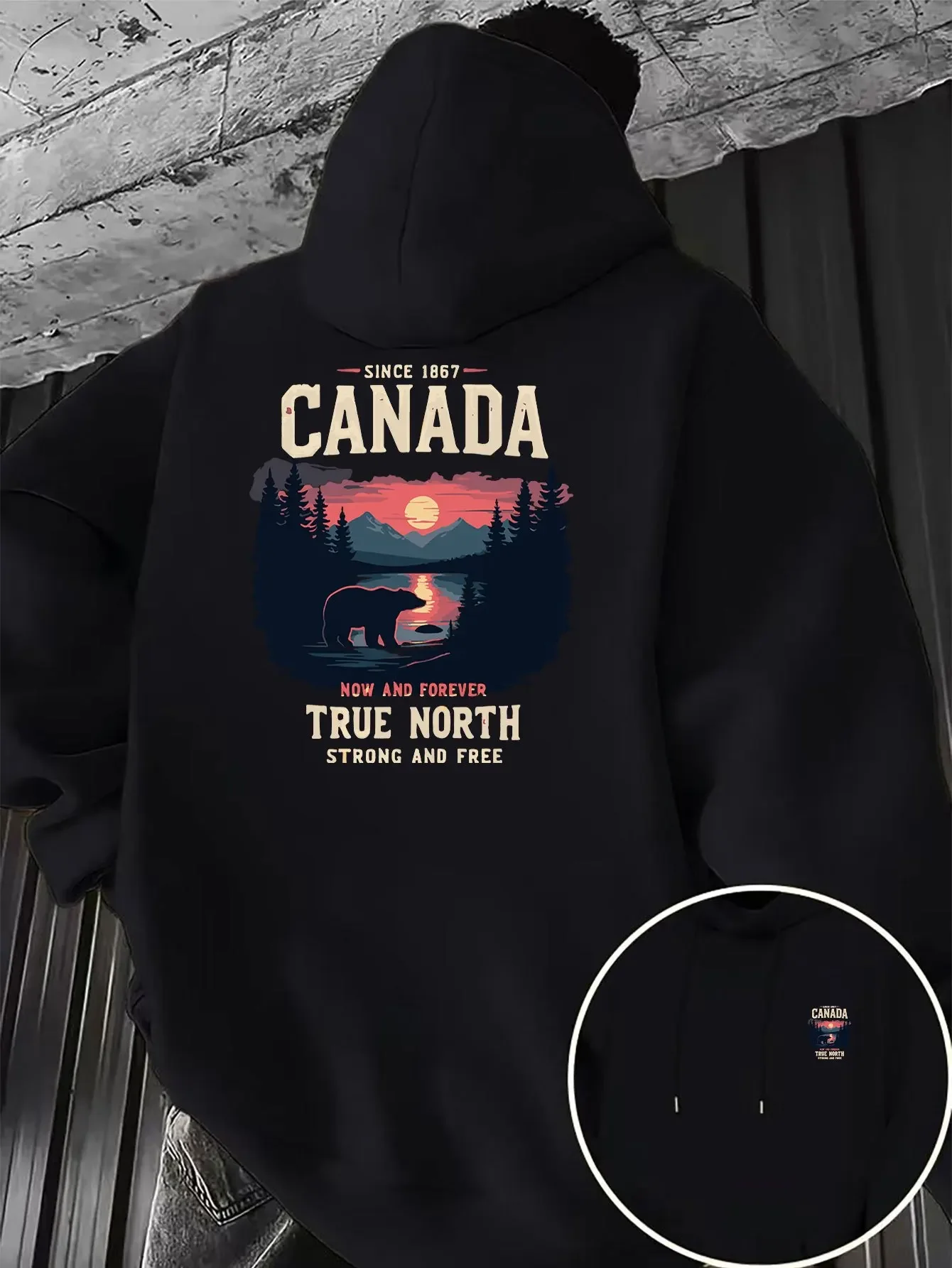 Canada True North Bear Mountain Forest Sunset Graphic Hoodie Men Women Vintage Streetwear Pullover Hooded Sweatshirt Loose Fit