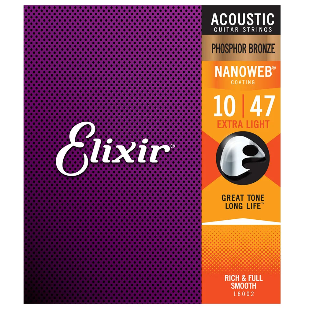 16002  Elixir Acoustic Guitar Strings Phosphor Bronze With NANOWEB® Ultra Thin Film Guitar Strings .010 .014 .023 .030 .039 .047