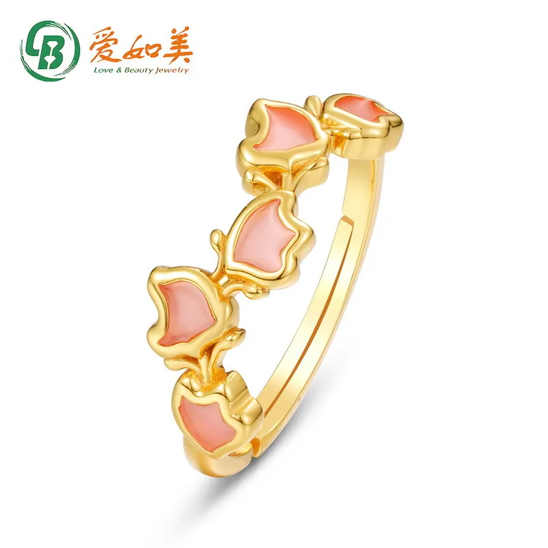 

Lilac Flower Pink 18K Gold PT950 Platinum Silver Plated 7-Layer Gold Ring, Female Sky Window Enamel Small Flower Shaped Ring