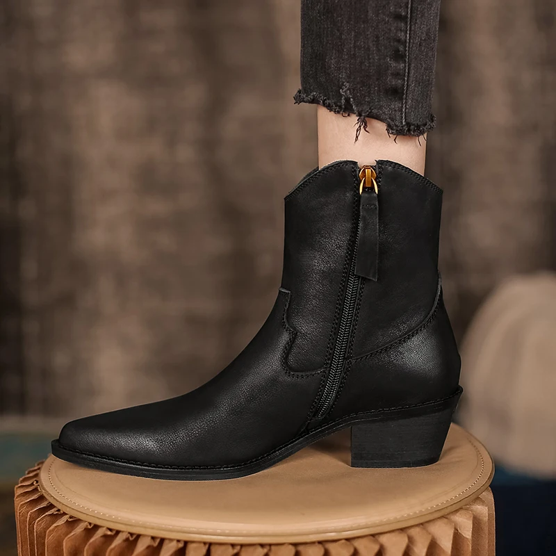 

Pointed Toe Handmade Shoes Cowhide Retro Winter Botas British Style Spring Autumn Women Boots With Zippers Western Ankle Boots