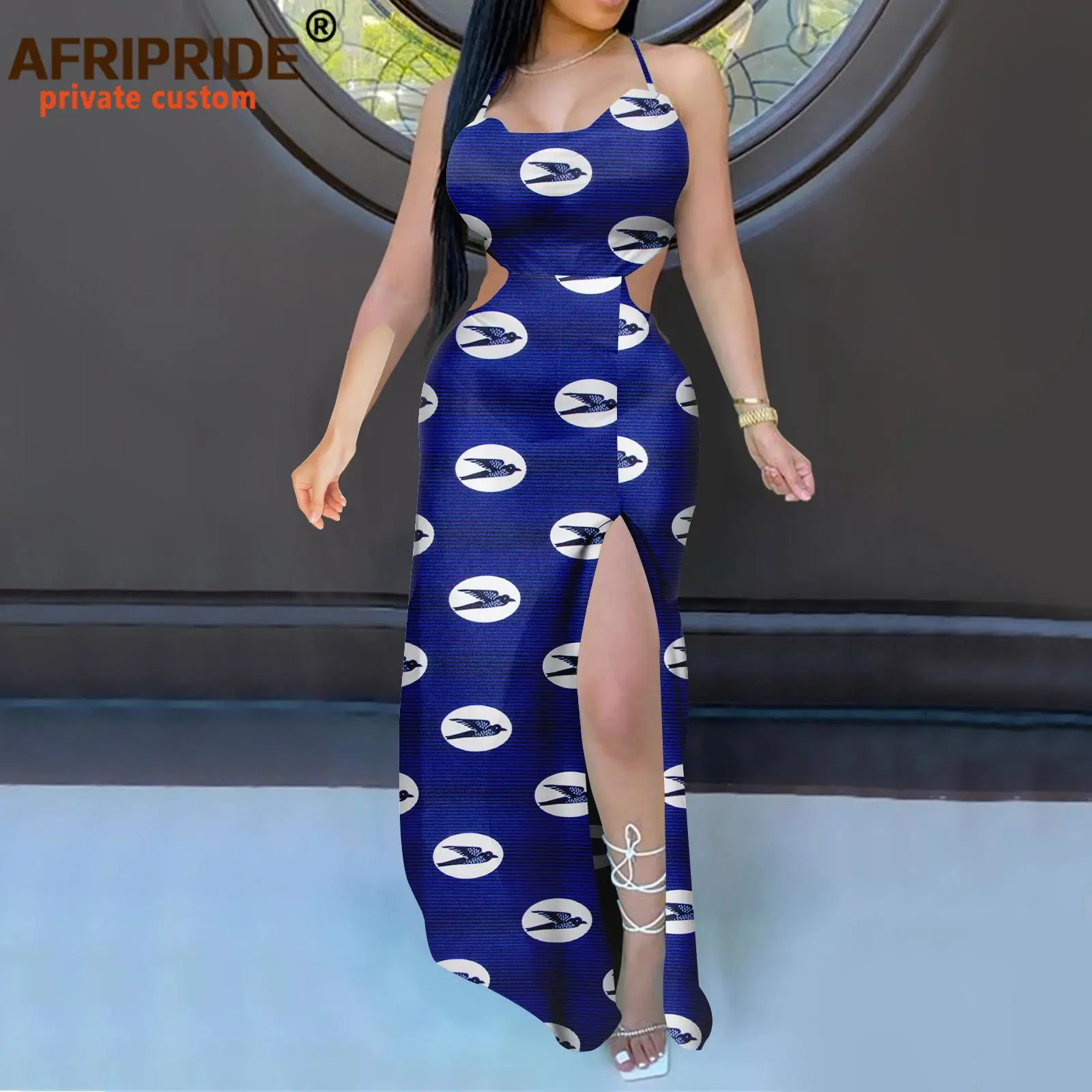 African Dresses for Women Sleeveless High Waist Spaghetti Strap Backless Elegant Maxi Dress Print Attire Sexy Party A2225016