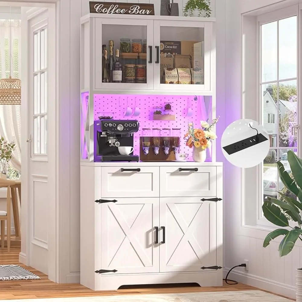 71" Pantry Cabinet with LED Light & Outlet, Tall Kitchen Pantry Storage Cabinet with Microwave Stand, DIY Pegboard,, Customized