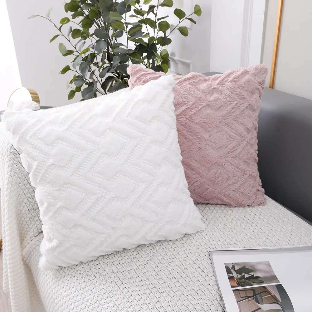 Pink White Cushion Cover Soft Fluffy Geometric Pattern Simple Style 45x45cm Pillow Cover Home Decoration Sofa Chair Living Room