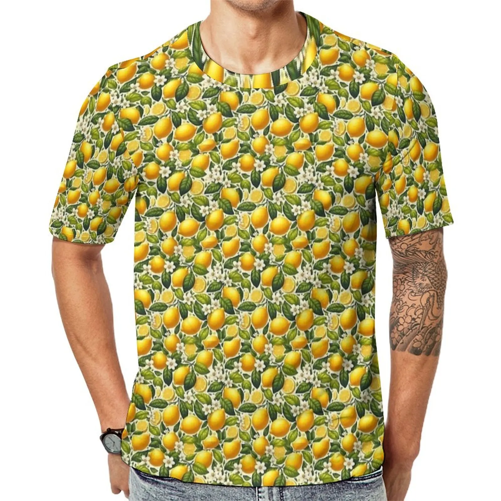Dense Lemon Floral Print T-Shirt For Male  Custom O Neck T Shirts Original Fashion Tops Short Sleeve Plus Size Tee Shirt Gift