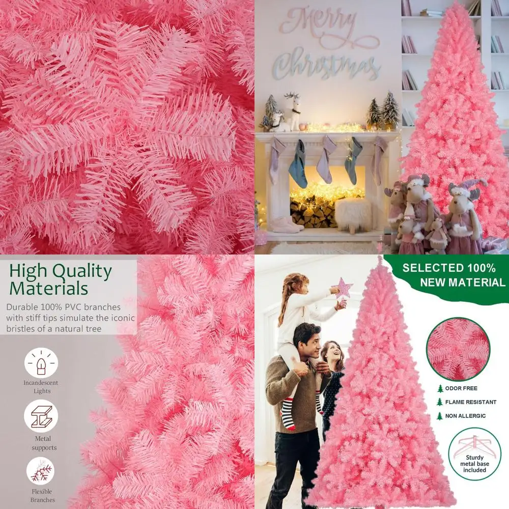 

Розовая рождественская елка высотой 6 футов с 100 наконечниками, светодиодными украшениями и металлической подставкой для дома или офиса