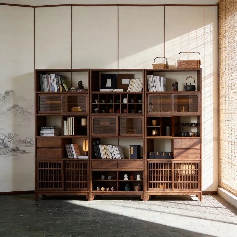 Chinese-style all-solid wood Bogu rack, log tea rack, North American black walnut display cabinet, shelf tea room storagecabinet