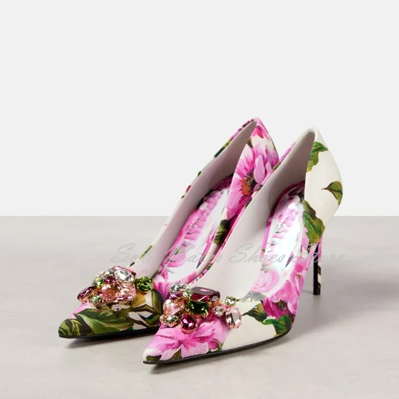 

2025 Luxury Brand Women's Crystal Floral Print Stiletto High Heel Pumps Pink White Elegant Pointed Toe Dress Shoes Banquet