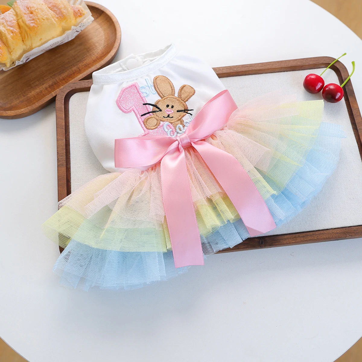 Vestido Tutú de Conejito Arcoíris de Pascua para Mascotas, Blanco con Tul Colorido, Lazo Rosa, Bordado de Conejito, Sin Anillo en D, para Perros y Gatos Pequeños