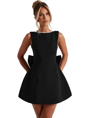 Vestido de fiesta sin tirantes con detalle de perlas y lazo en la espalda para mujer, vestido de noche para invitados de boda, traje formal de graduación