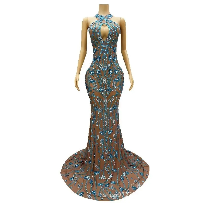 Temperament Celebrity Banquet Halterneck Pinching Waist Diamond Evening Dress Photo Studio Exhibition Hall Model Catwalk Costume