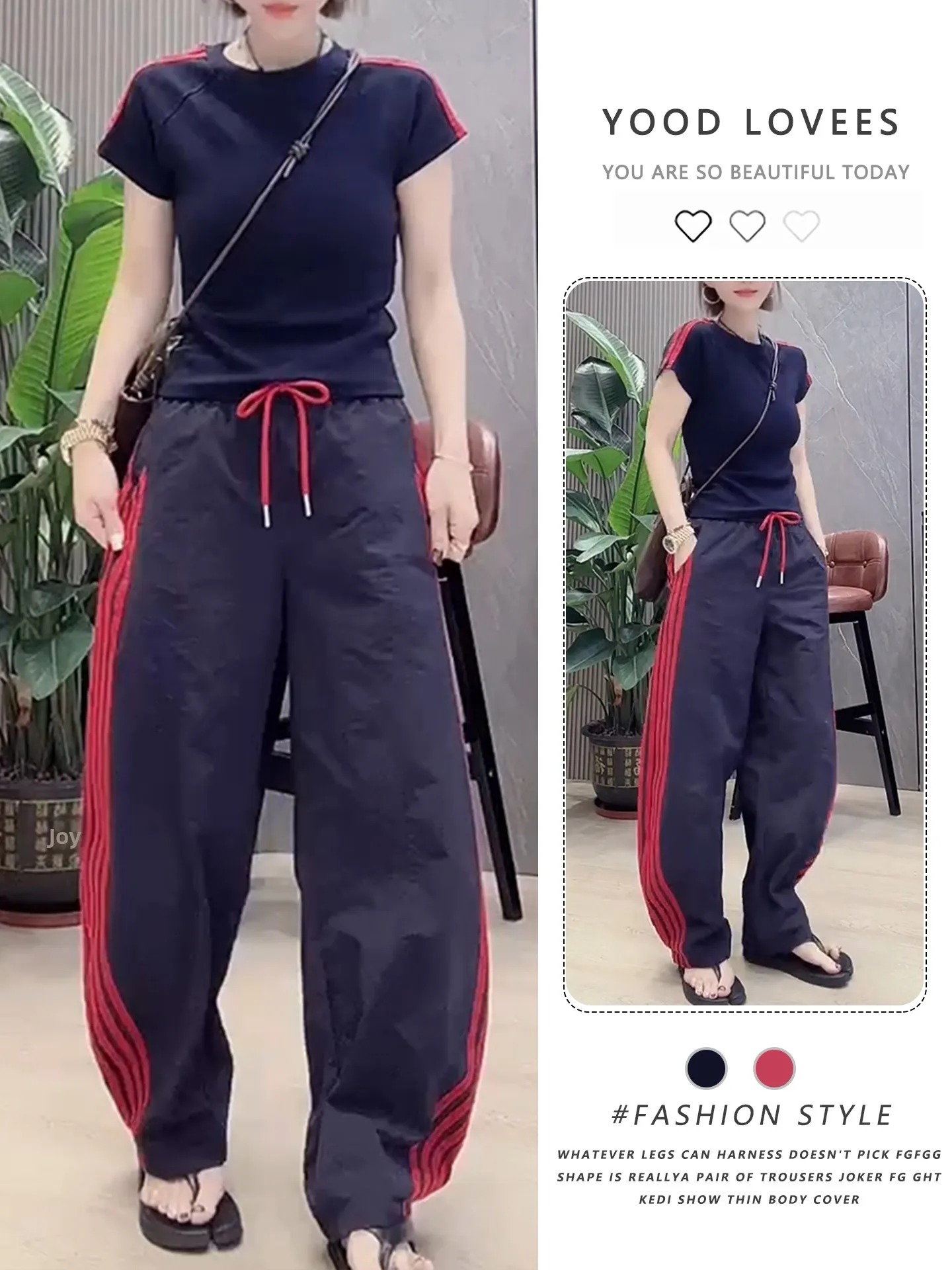 

Fashionable Striped Color Block T-Shirt Top Women's Summer New Belted Wide Leg Straight Pants Set High Waist round Neck Short...